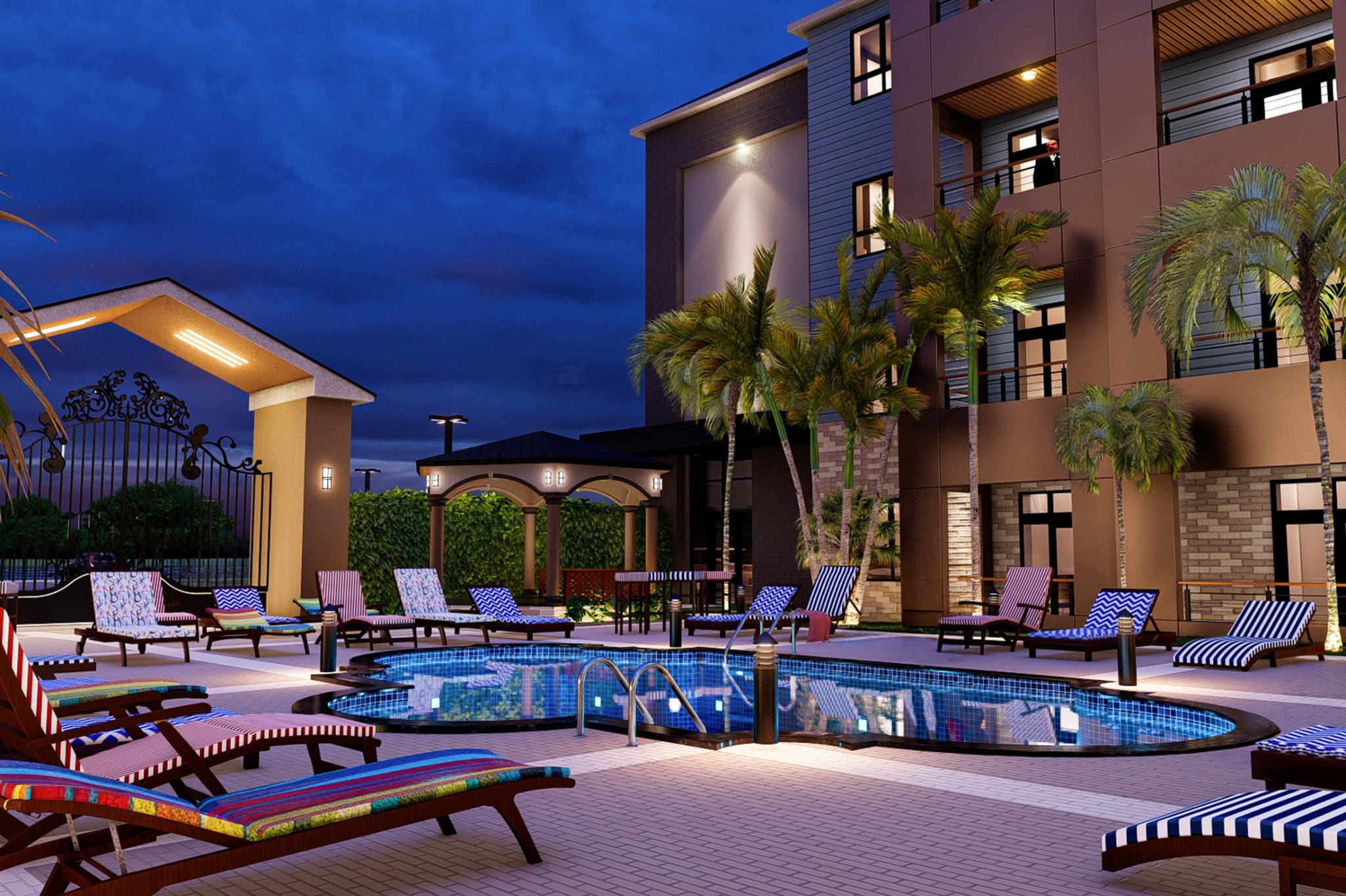 Pool courtyard at night