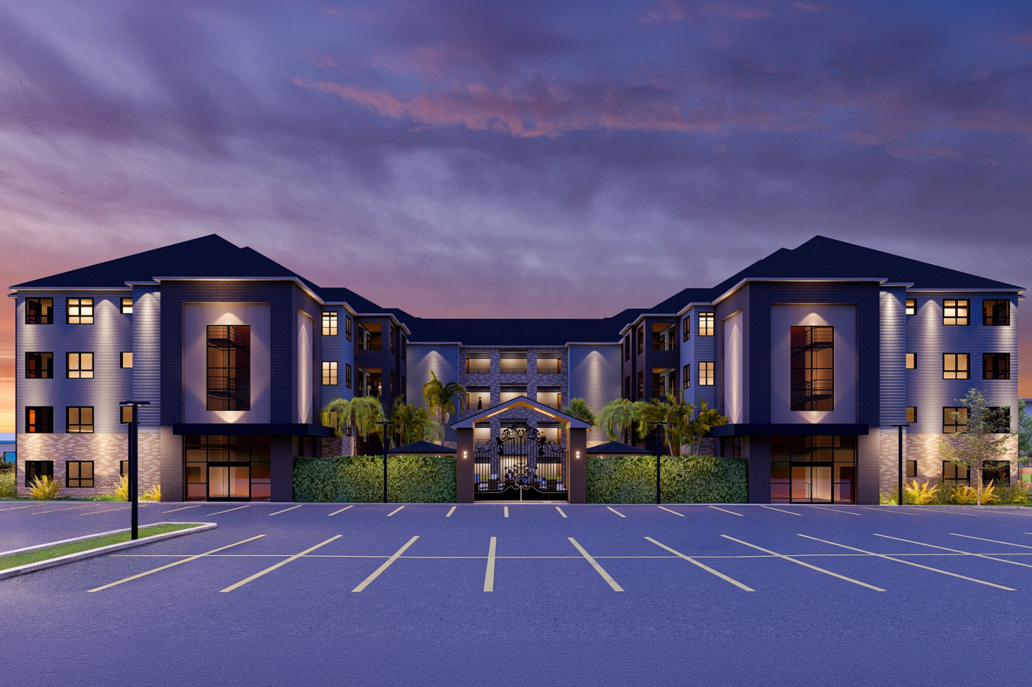 Front elevation at dusk