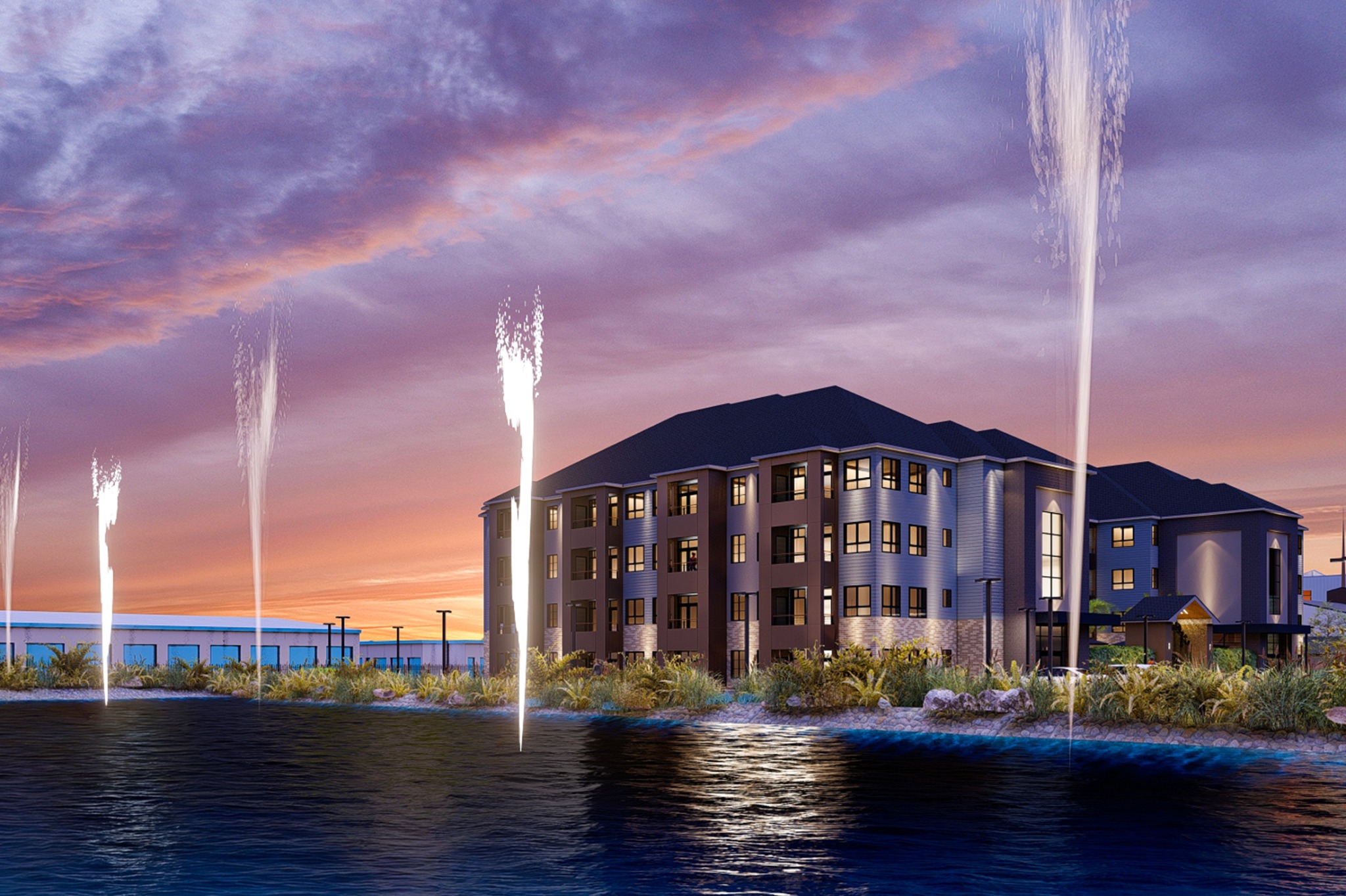 Residential building at dusk near water feature