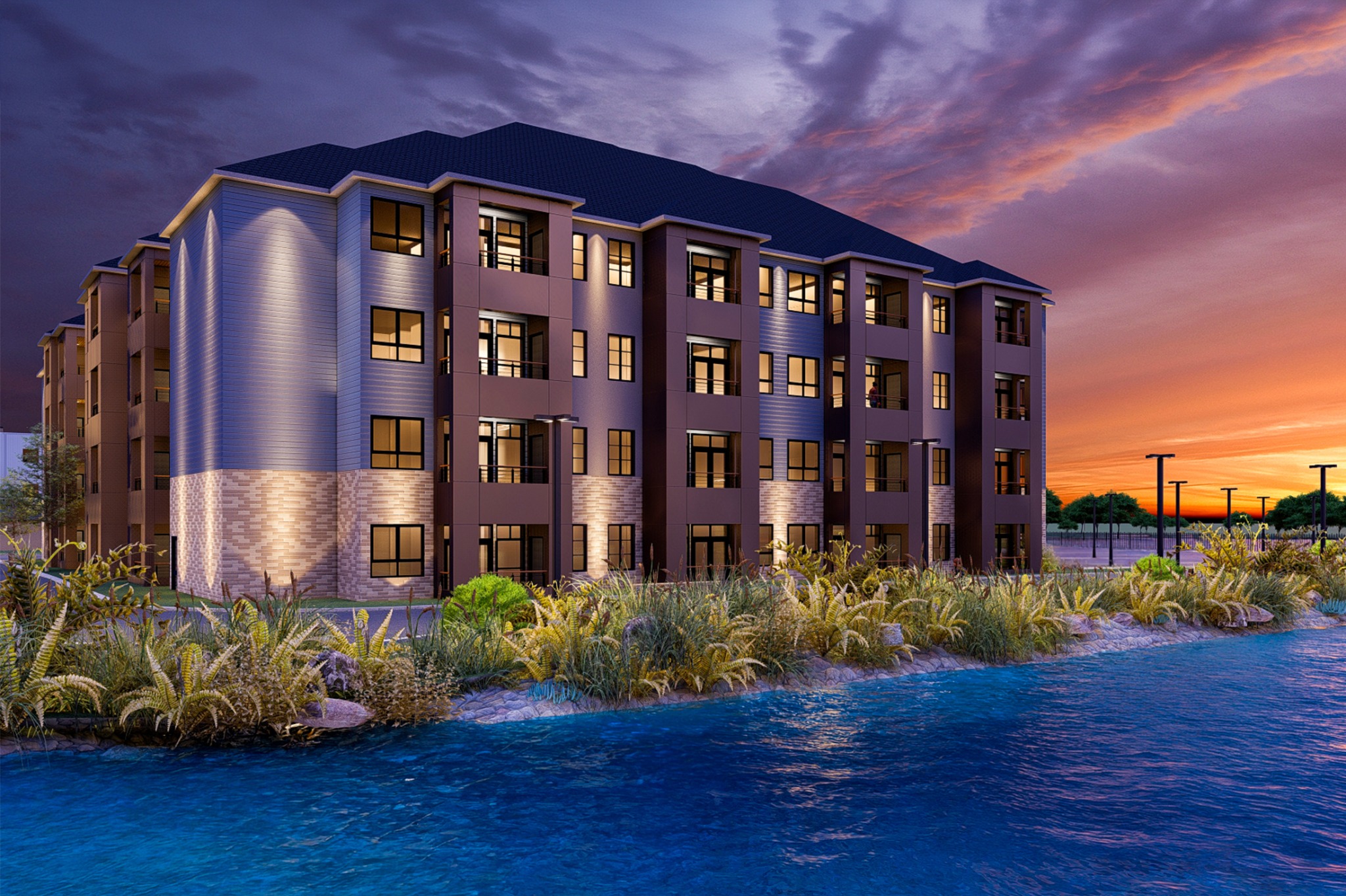 Residential side elevation at sunset
