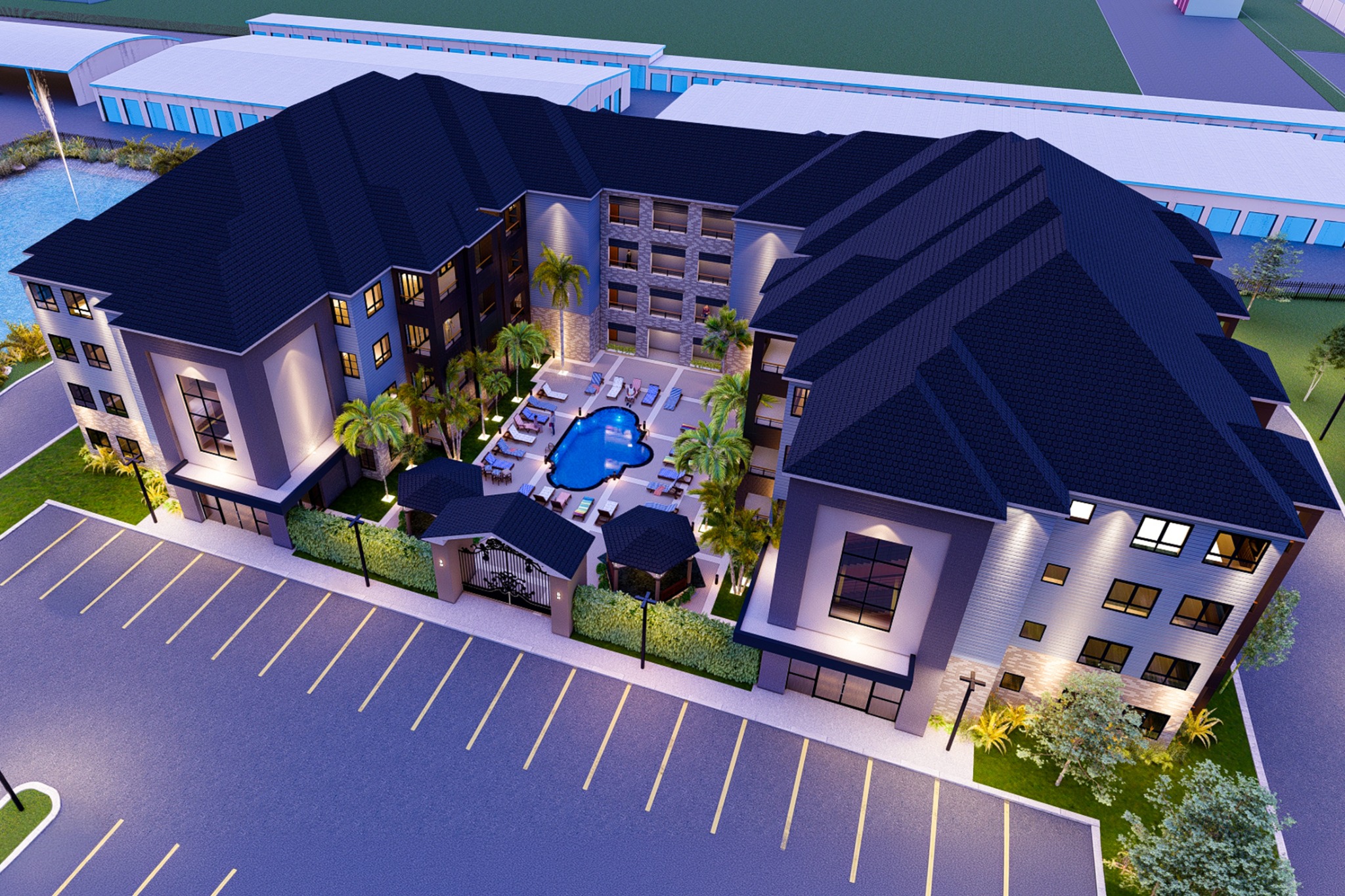 Aerial view of residential community and central courtyard