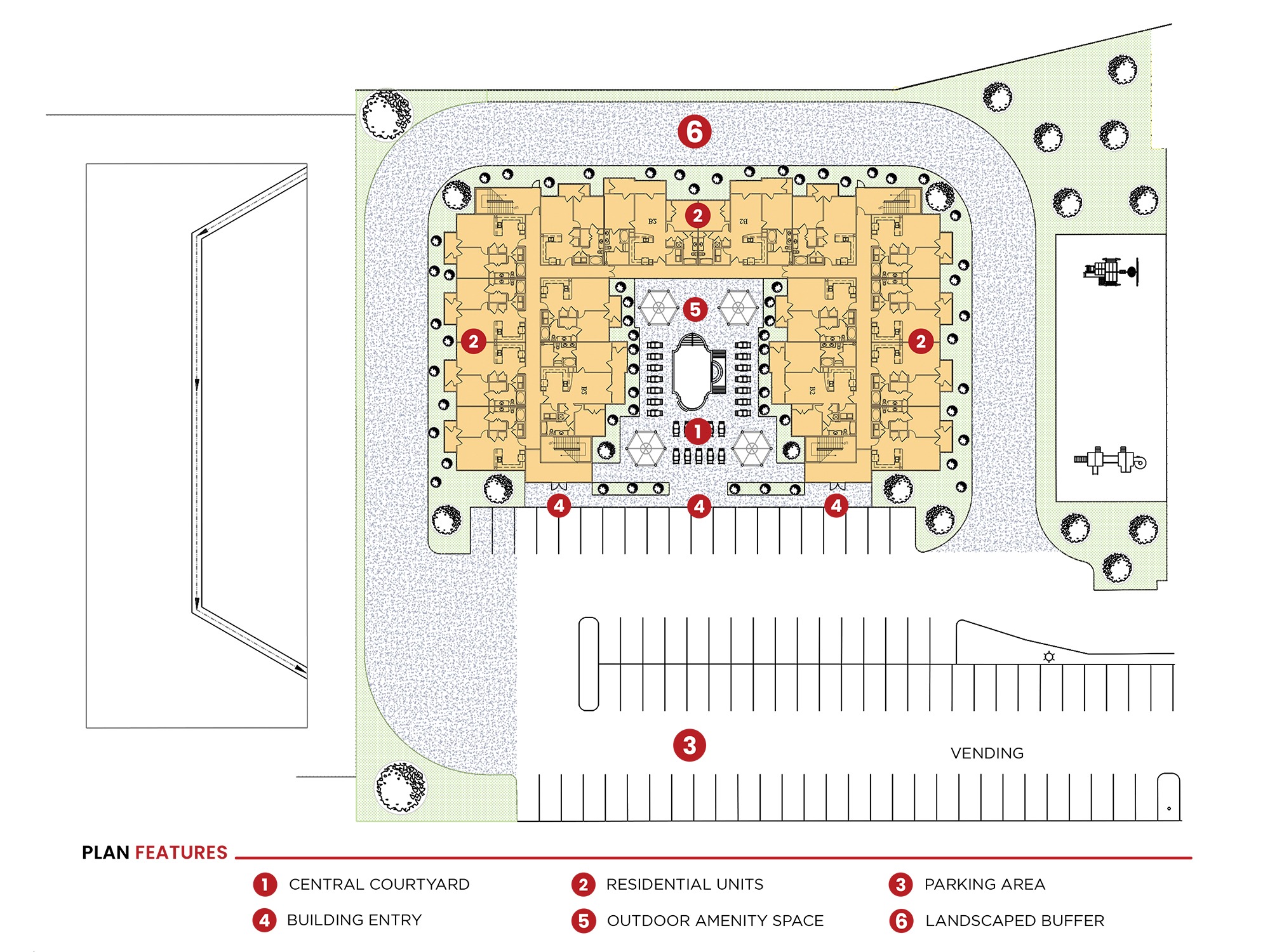 Site plan with labeled development features