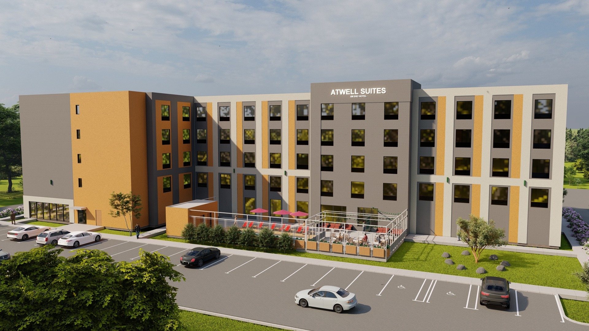 Atwell Suites night exterior rendering
