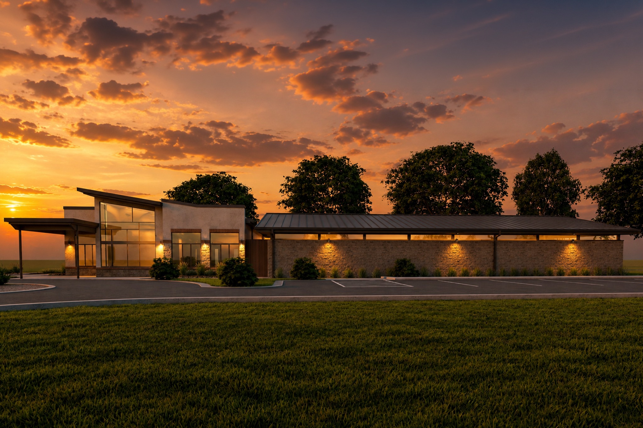 Canine wellness center evening exterior