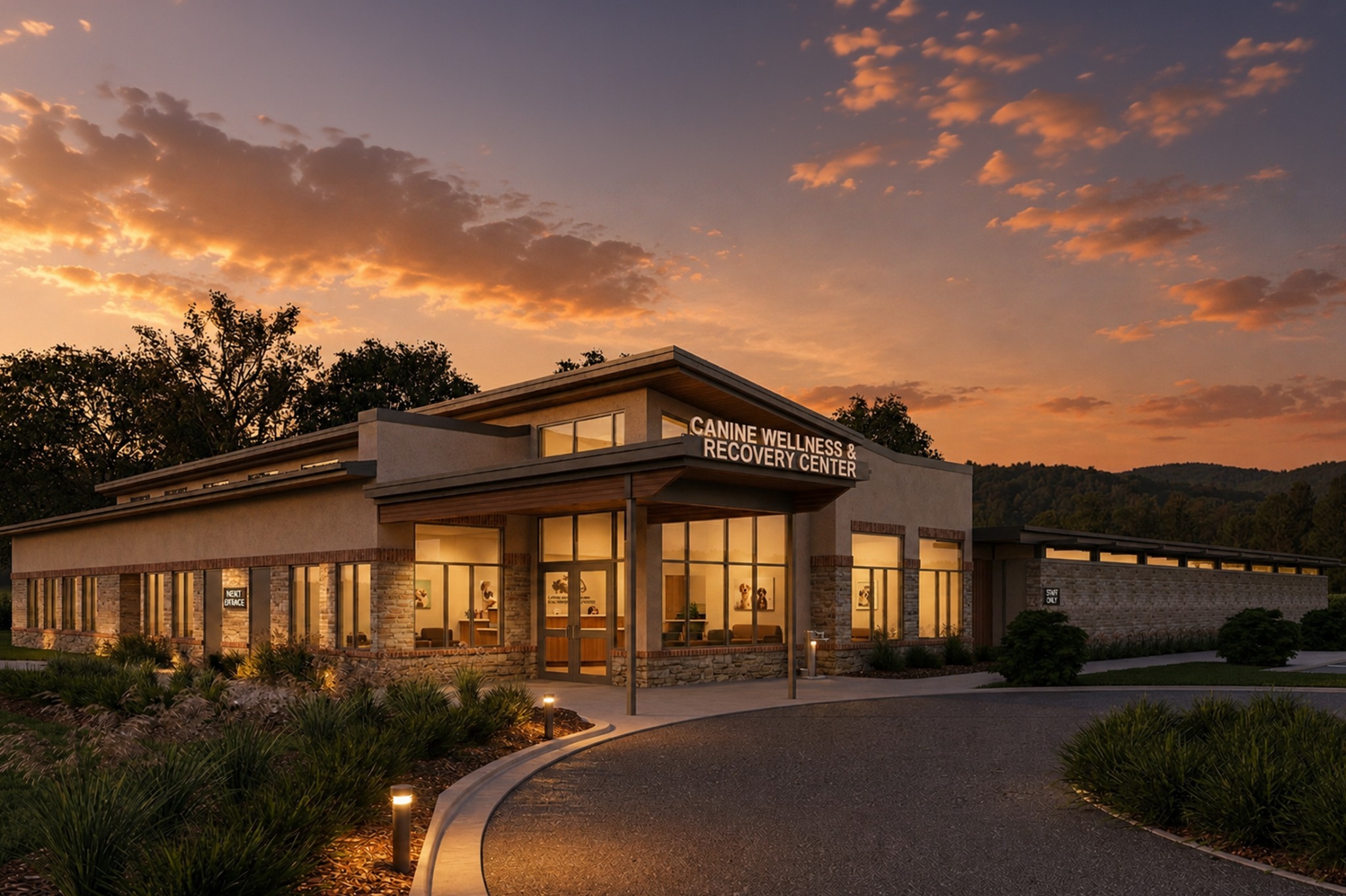 Canine Wellness and Recovery Center exterior at sunset