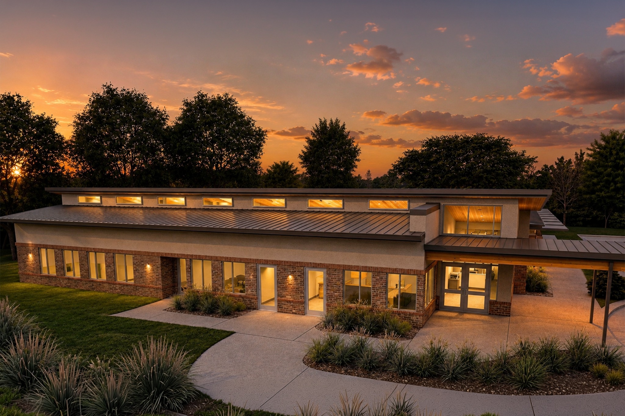 Canine wellness center exterior at sunset