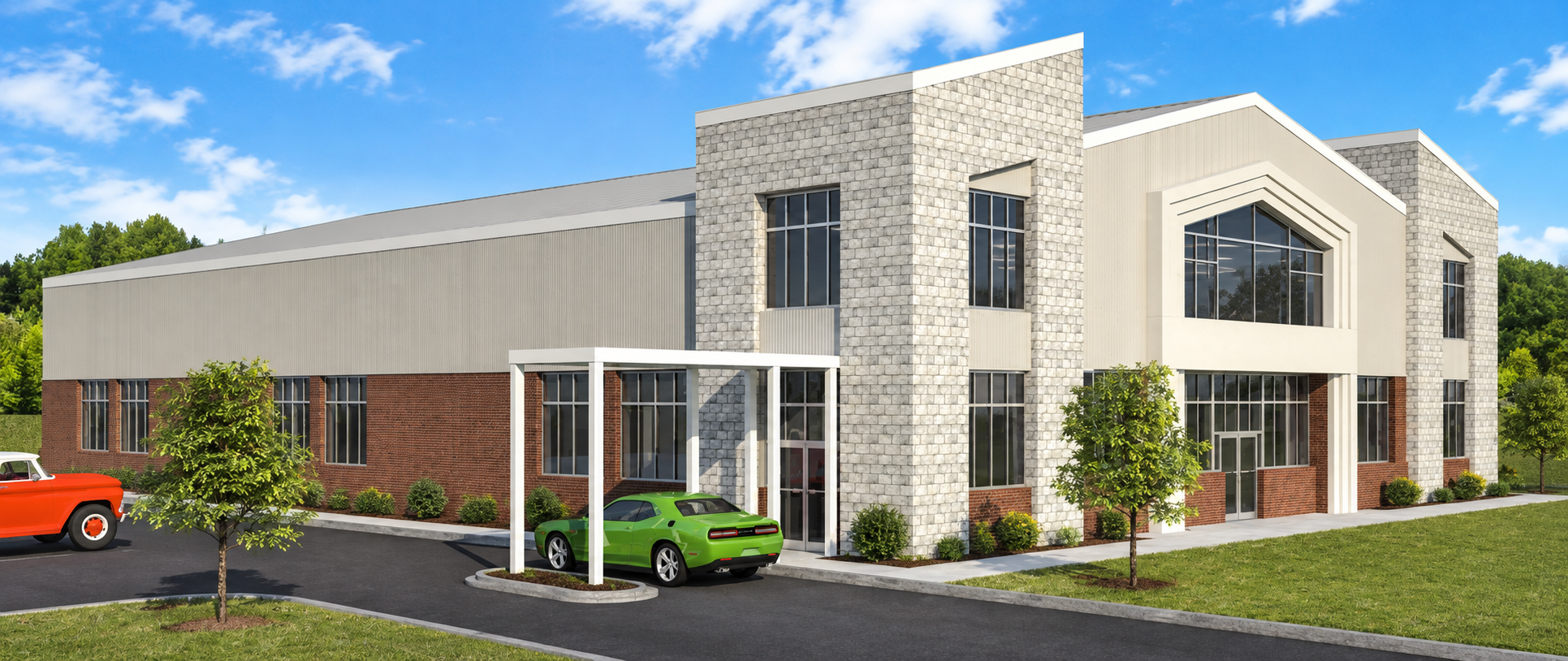 Three-quarter exterior rendering of the church multipurpose facility