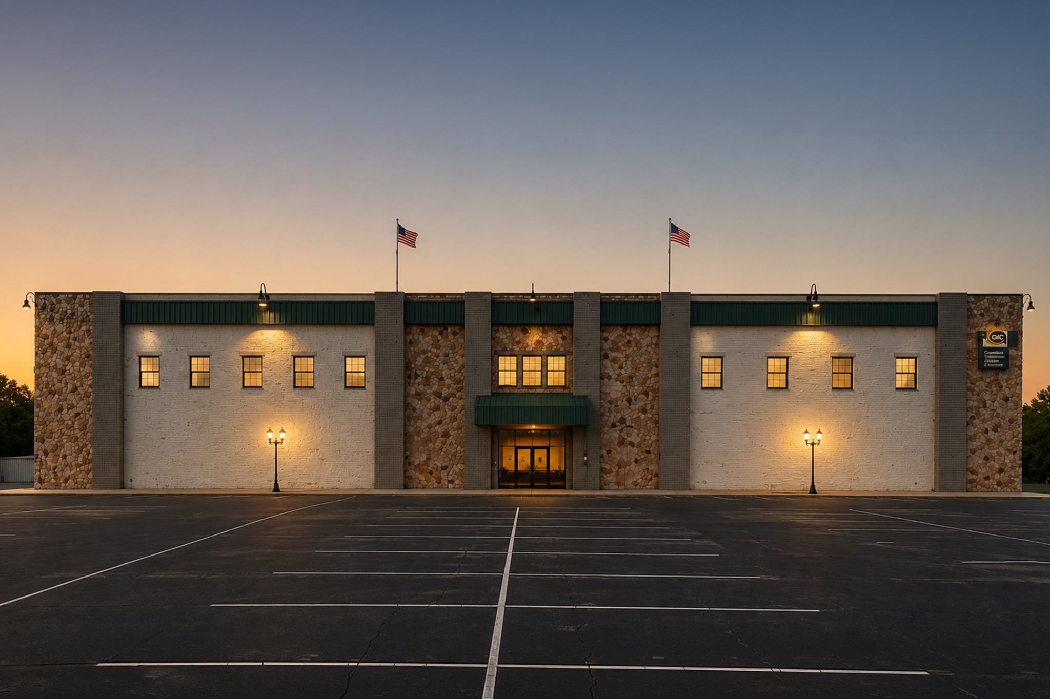 Dutchess Community College campus exterior at dusk