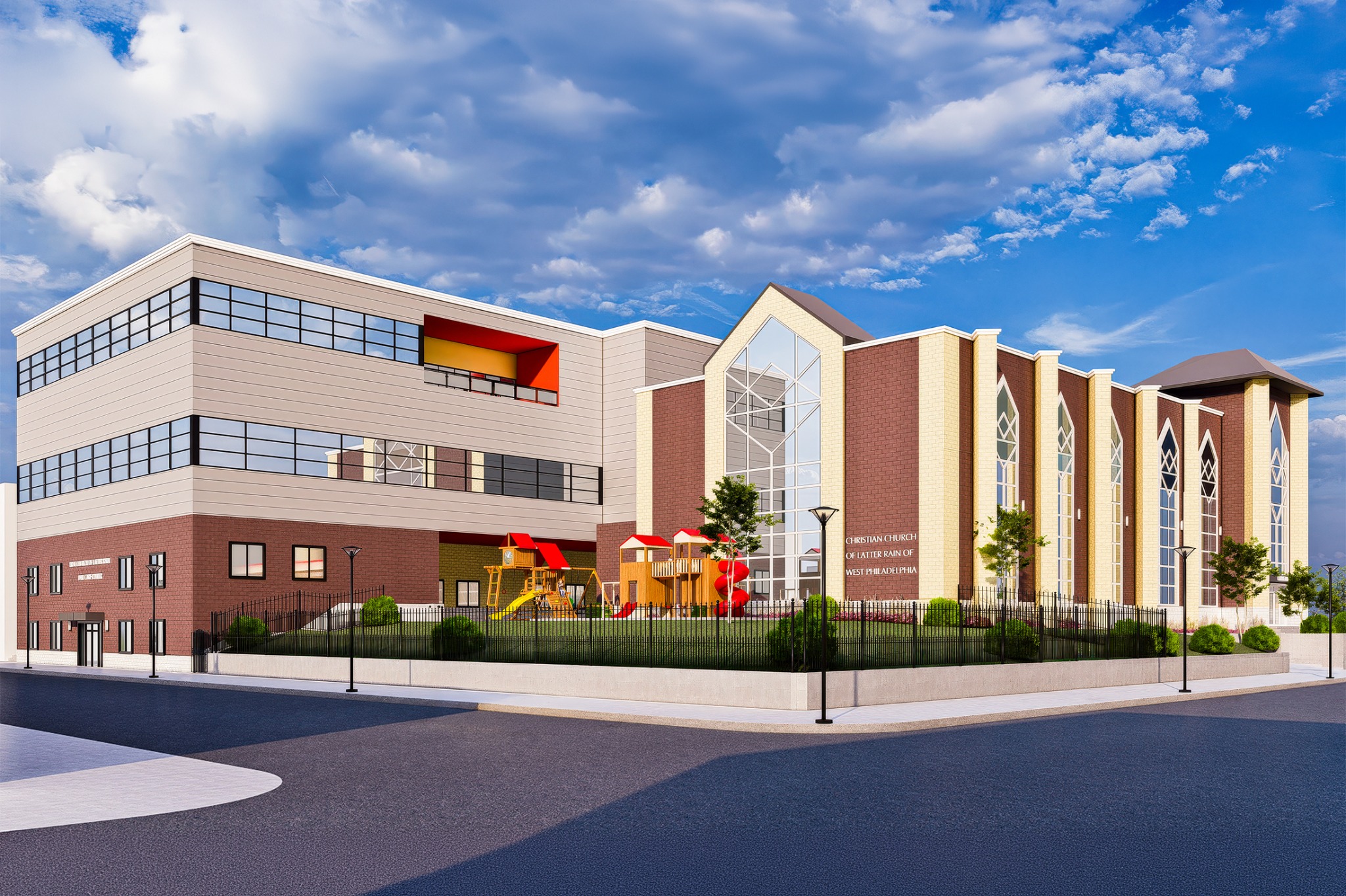 Daylight exterior view of the expanded church campus
