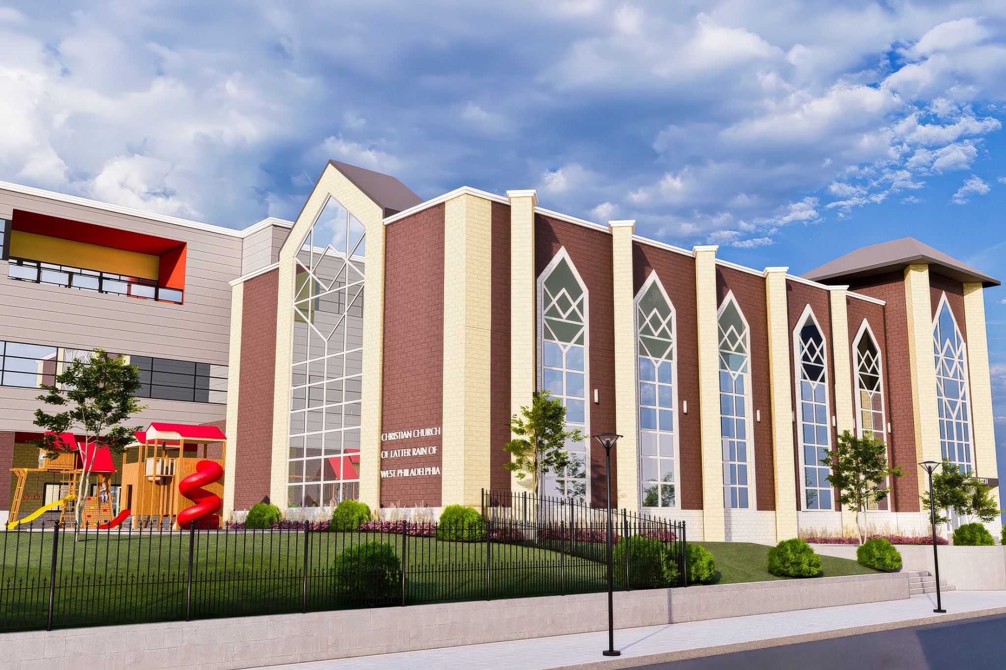 Church exterior showing tall sanctuary windows