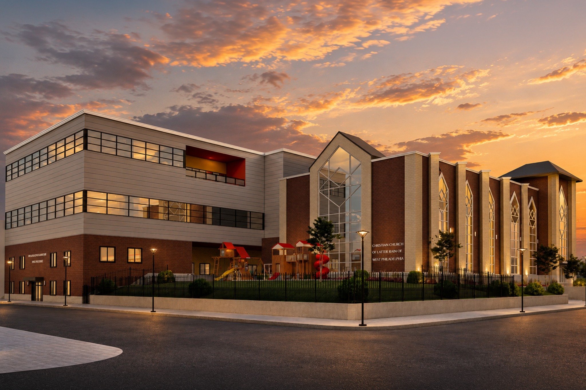 First Church of Latter Rain renovation and expansion at sunset