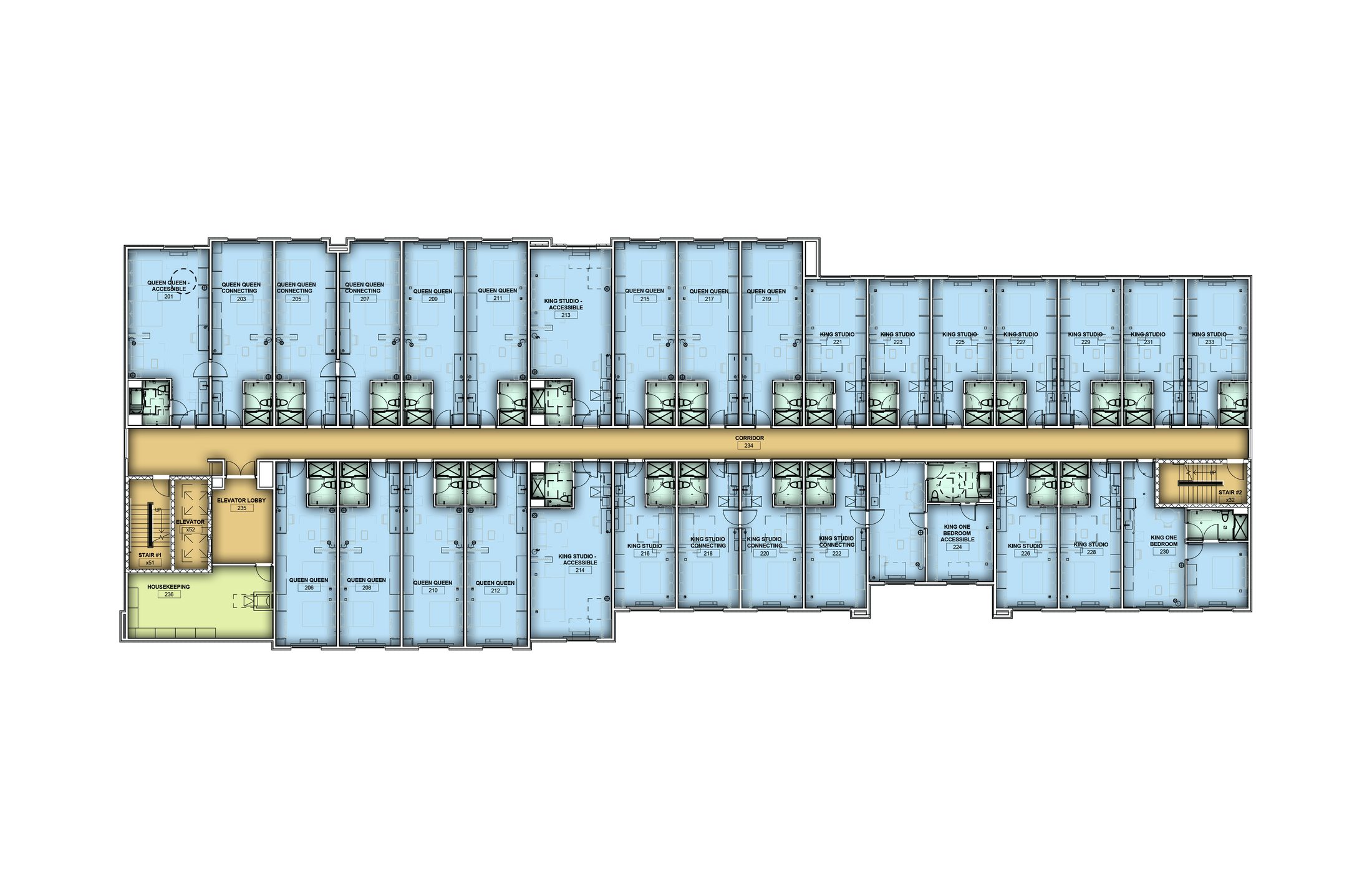 Colored typical guest-floor plan showing king studios, queen-queen studios and one-bedroom suites along a double-loaded corridor with two stairs and an elevator lobby.