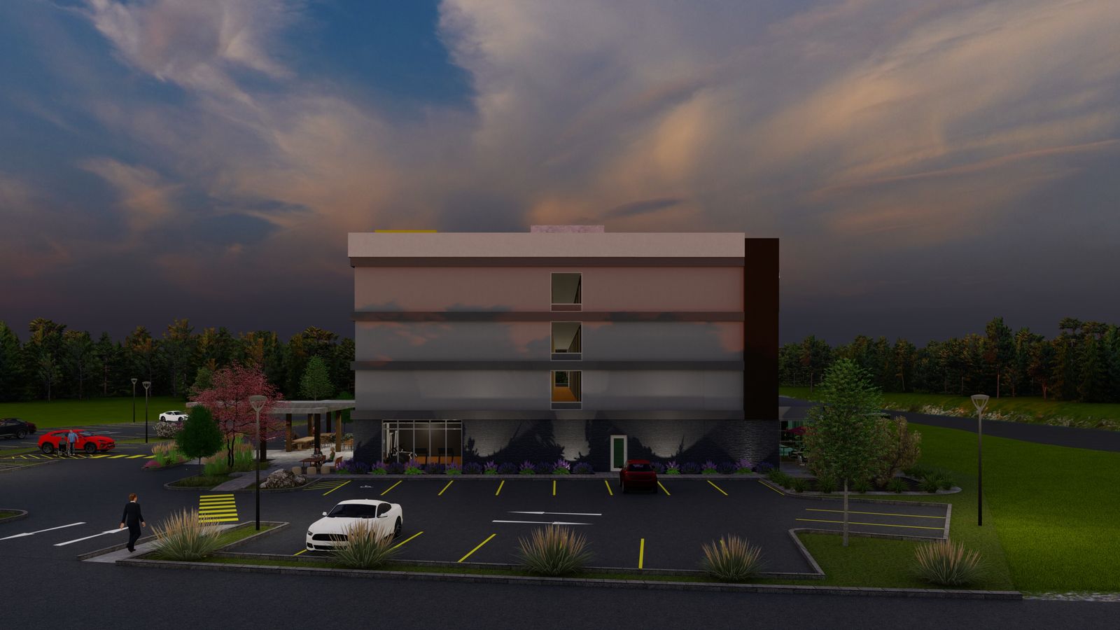 Evening rendering of the front elevation with the entry canopy at left.