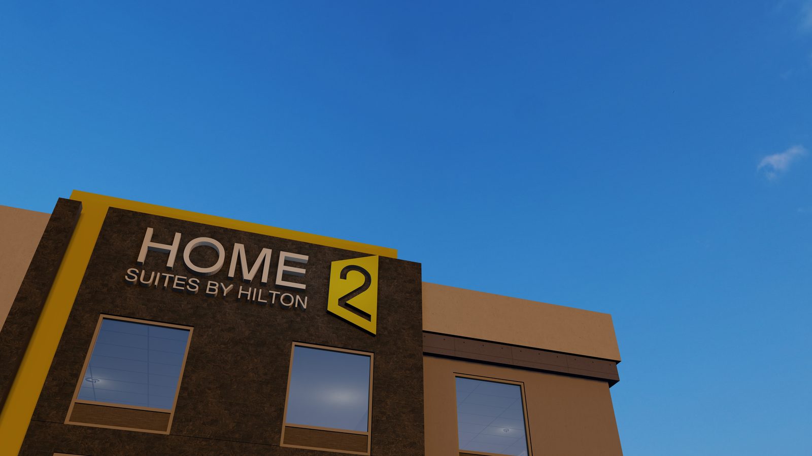 Close-up rendering of the Home2 Suites by Hilton signage on the stone entry tower.