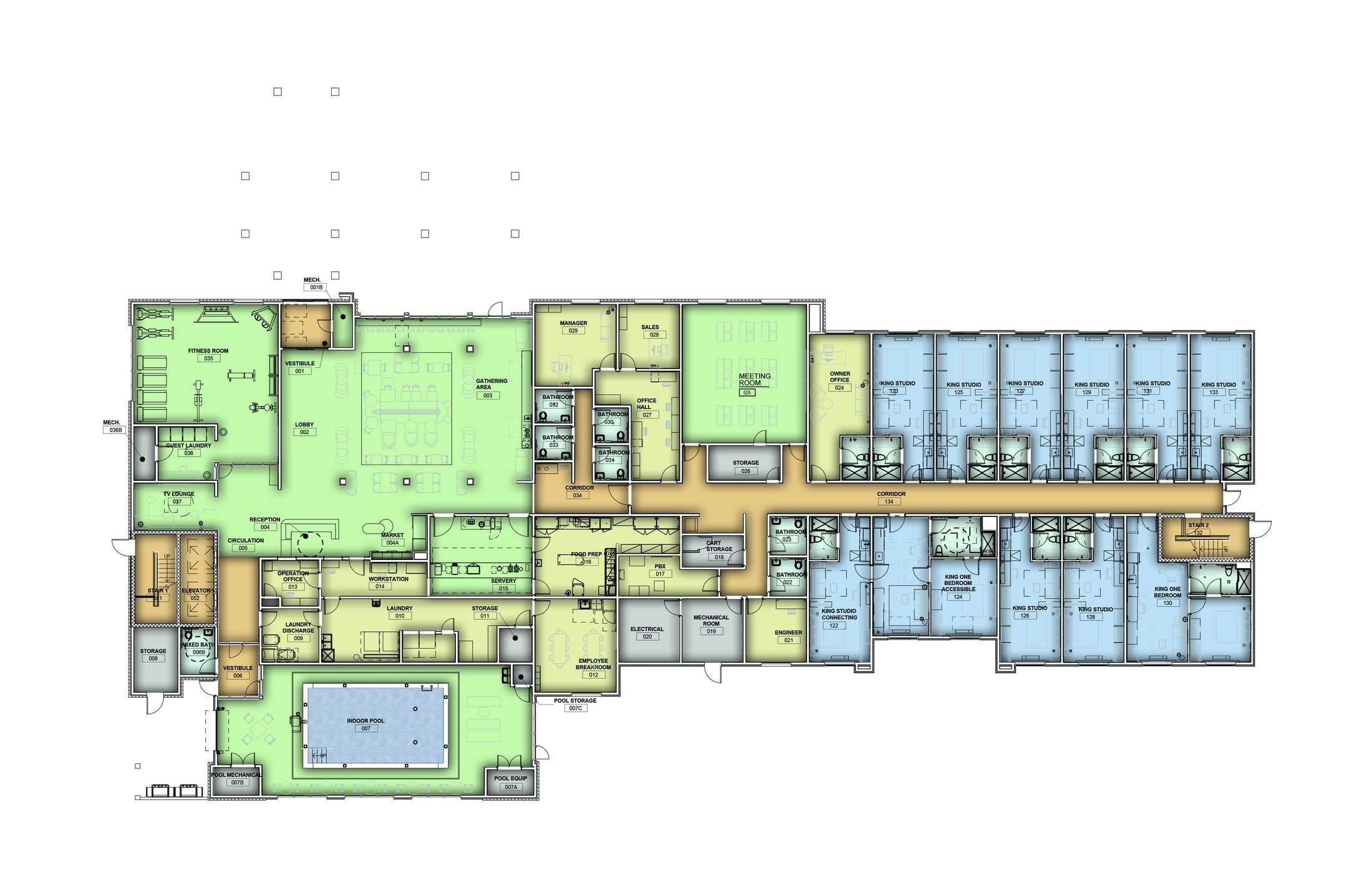 Colored ground-floor plan showing lobby, gathering area, indoor pool, fitness, market, servery, offices, back-of-house and ground-floor guest rooms.