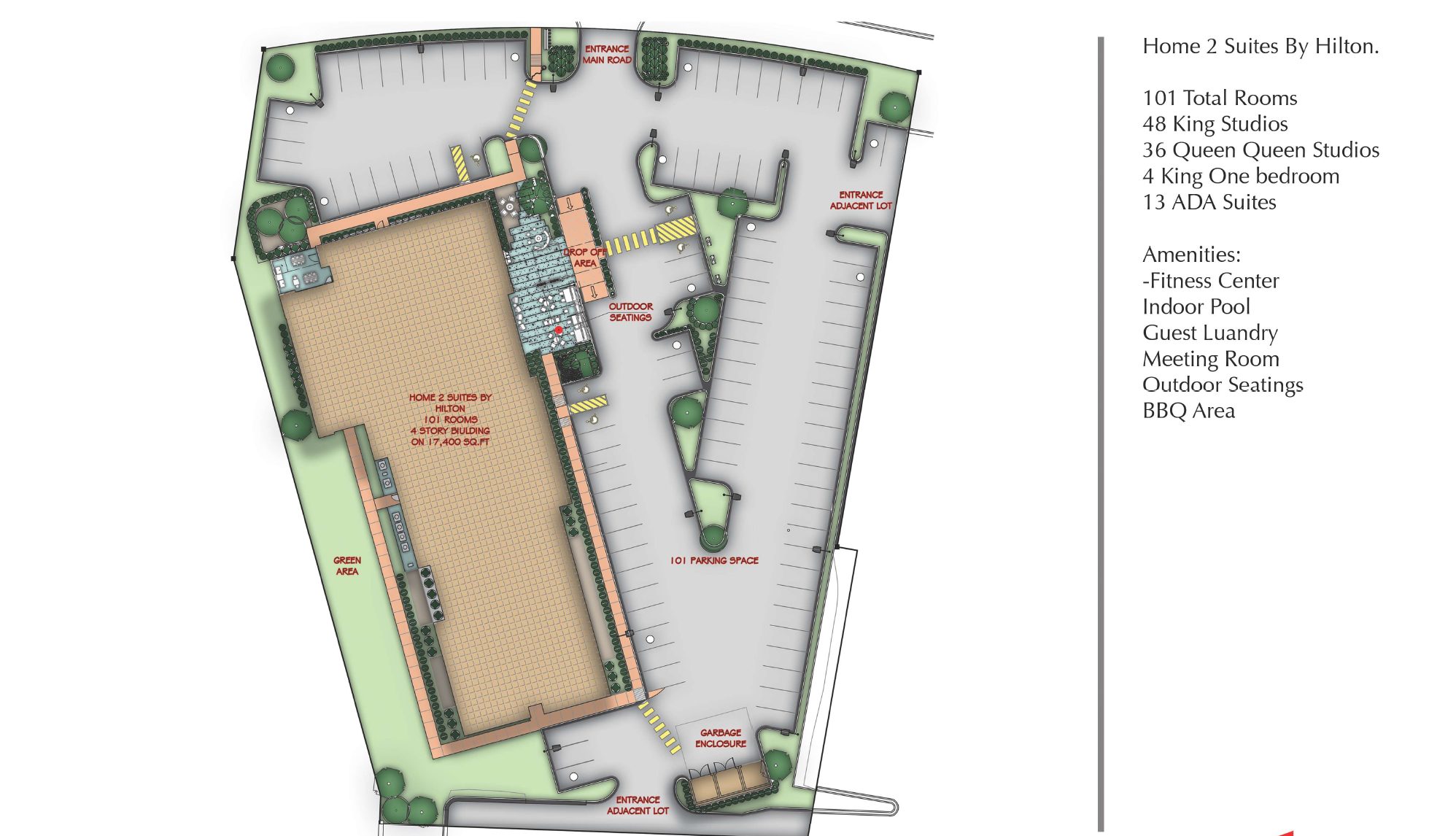 Site plan of the Home2 Suites showing the building footprint, drop-off, outdoor seating, parking layout, entrances, green areas, and a room and amenity schedule.