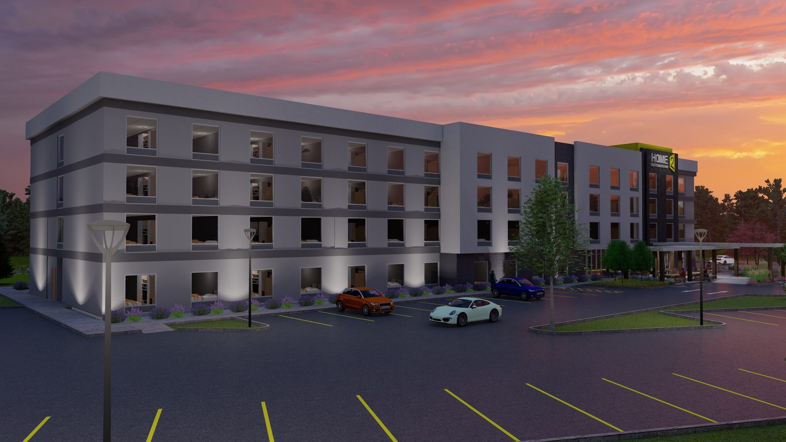 Sunset rendering of the side and front elevations with parking in the foreground.