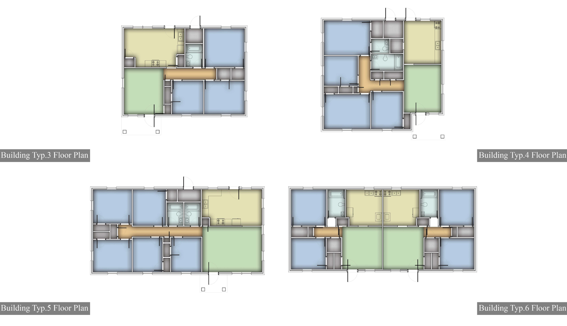 Building Types 3, 4, 5, and 6 floor plans
