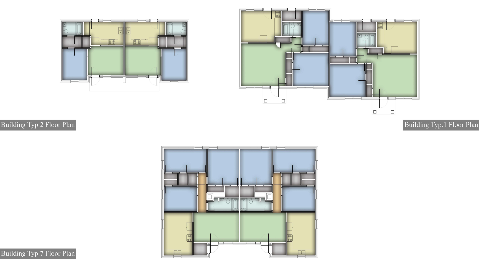 Building Types 1, 2, and 7 floor plans