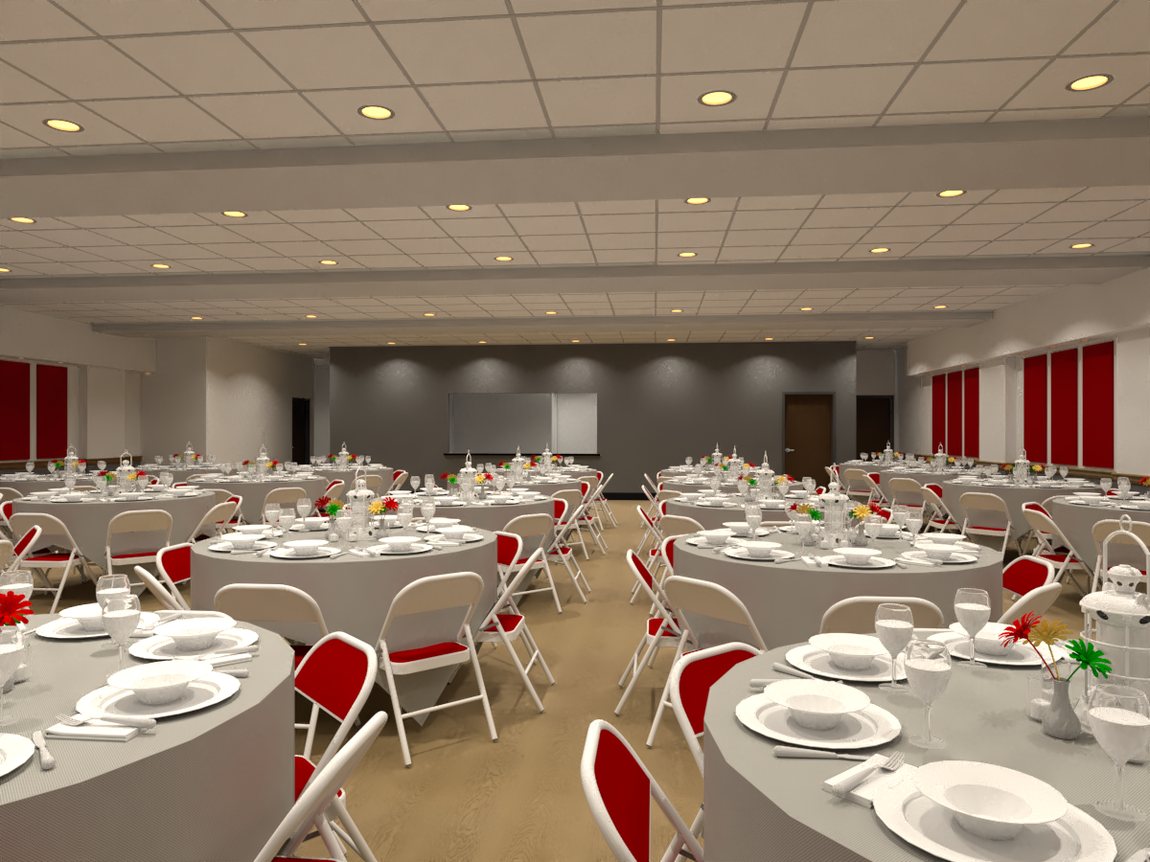 Fellowship hall set with round banquet tables