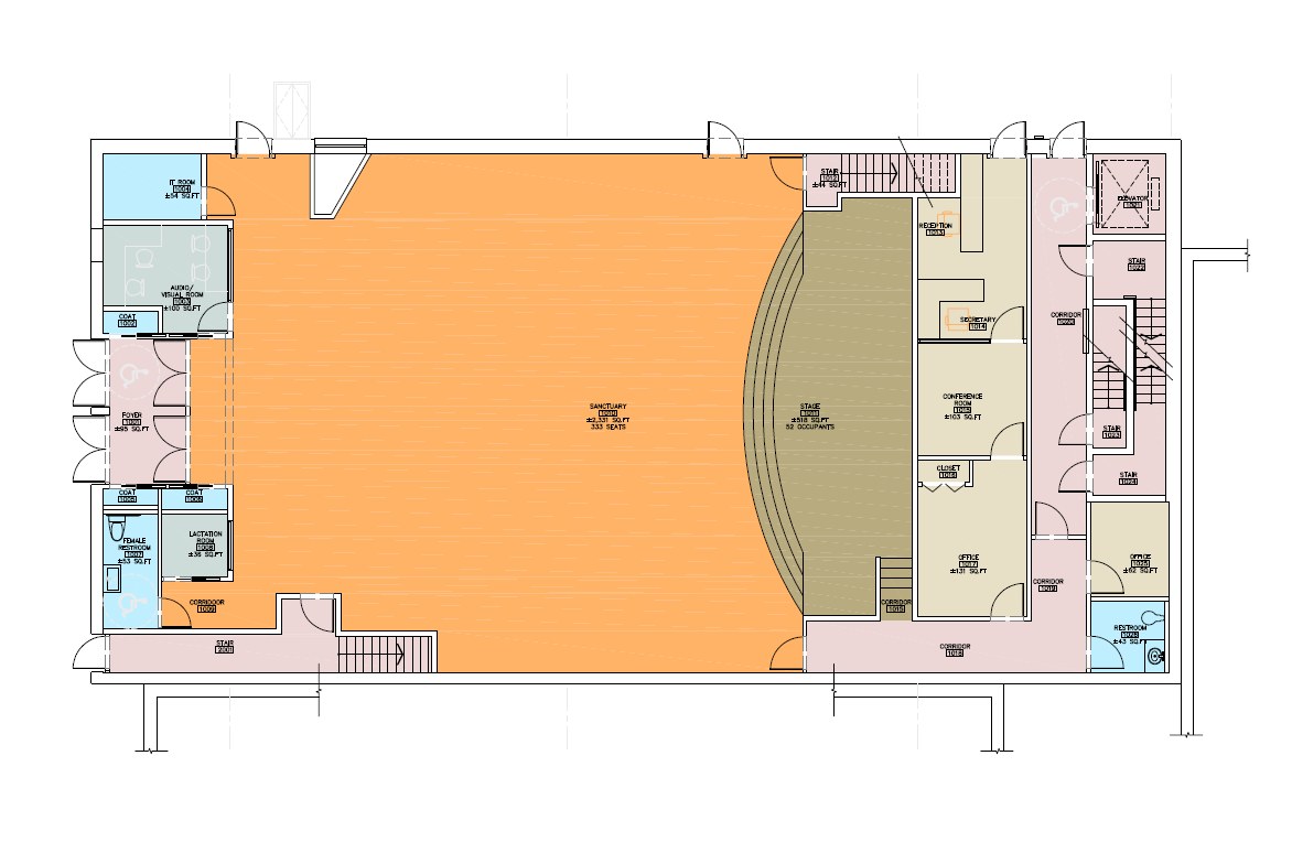 Ground floor plan: 333-seat sanctuary, stage, offices, foyer