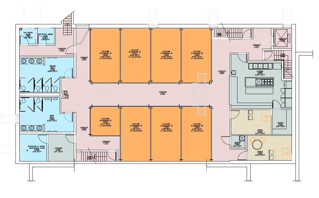 Second floor plan: daycare with eight classrooms, kitchen and restrooms