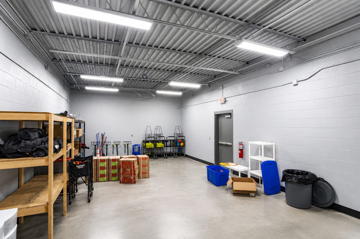 Interior equipment storage room with ball carts and supplies