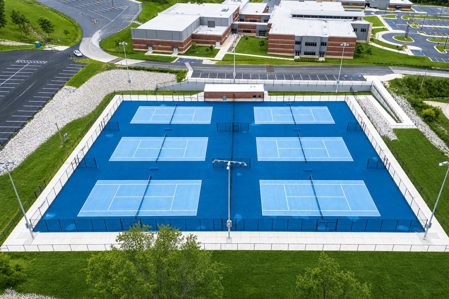 Overhead view of the six-court tennis layout