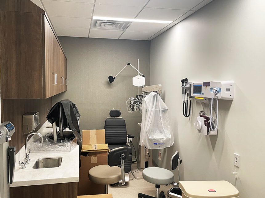 Clinical exam room with equipment