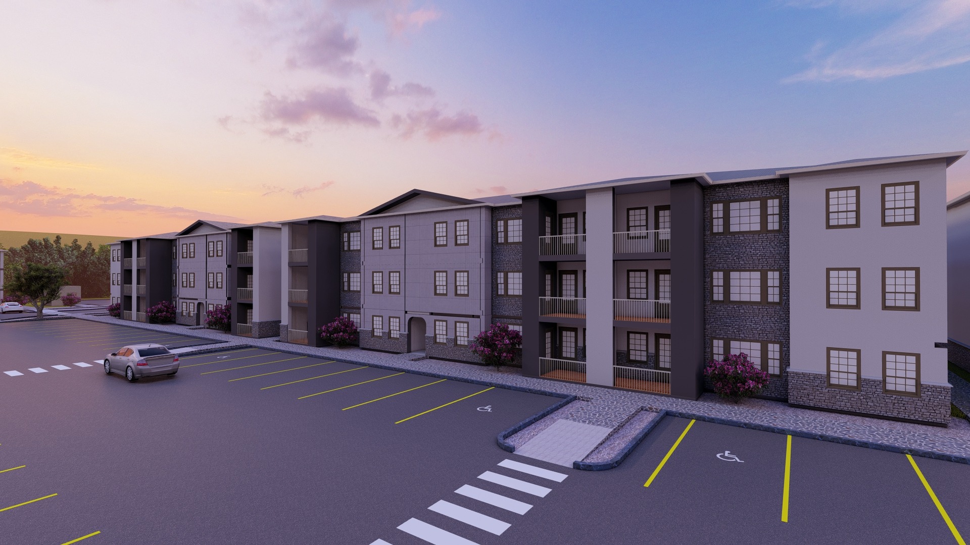 Apartment building rendering at sunset