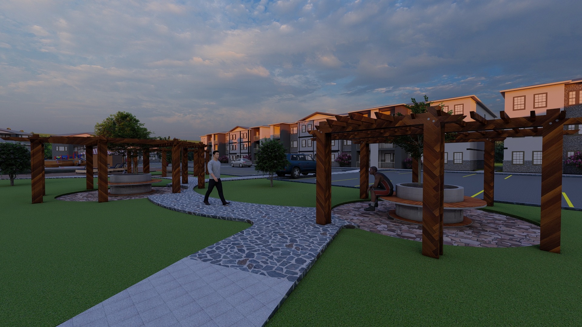 Landscaped pergola gathering space
