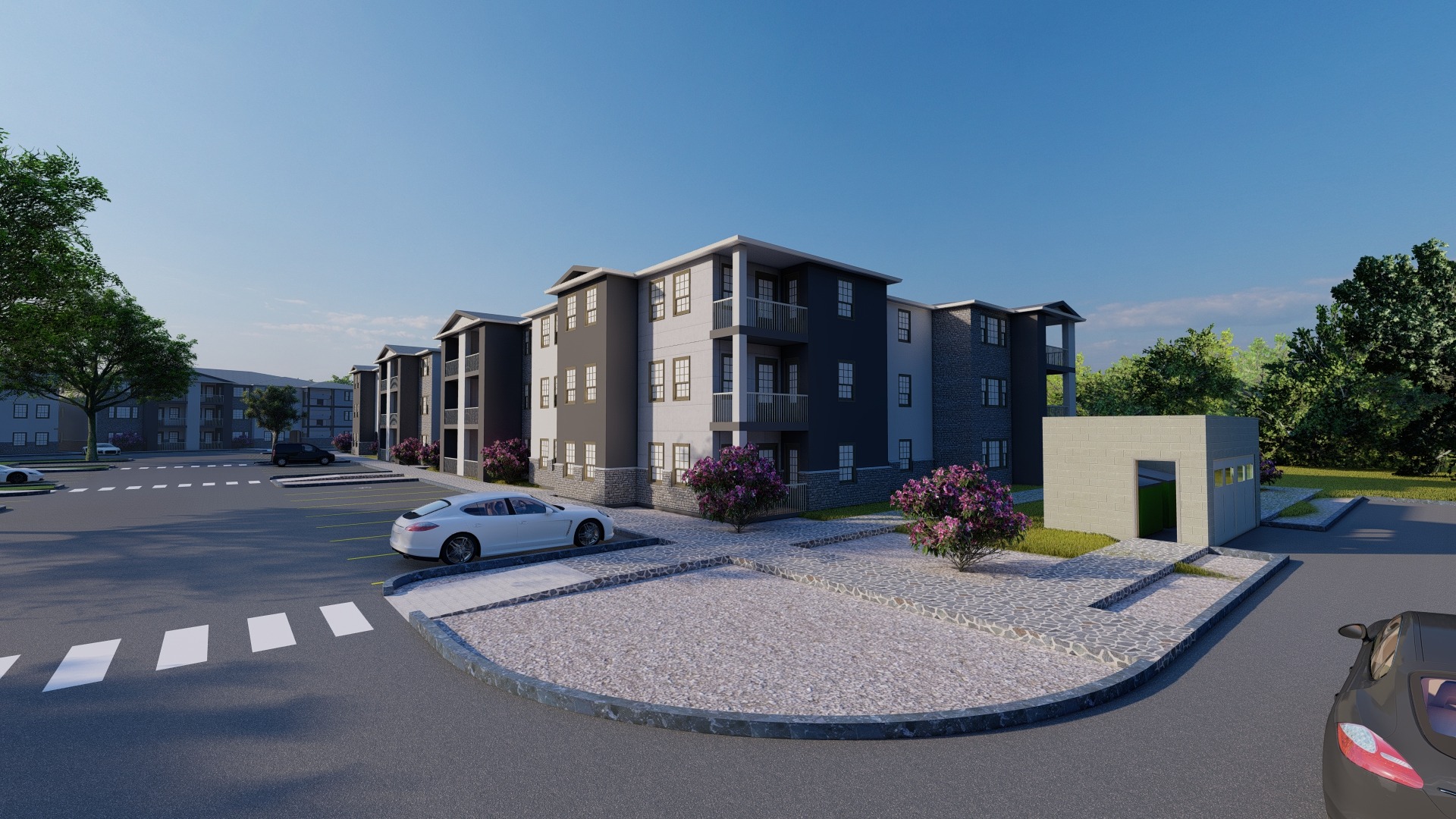 Multifamily apartment building corner view