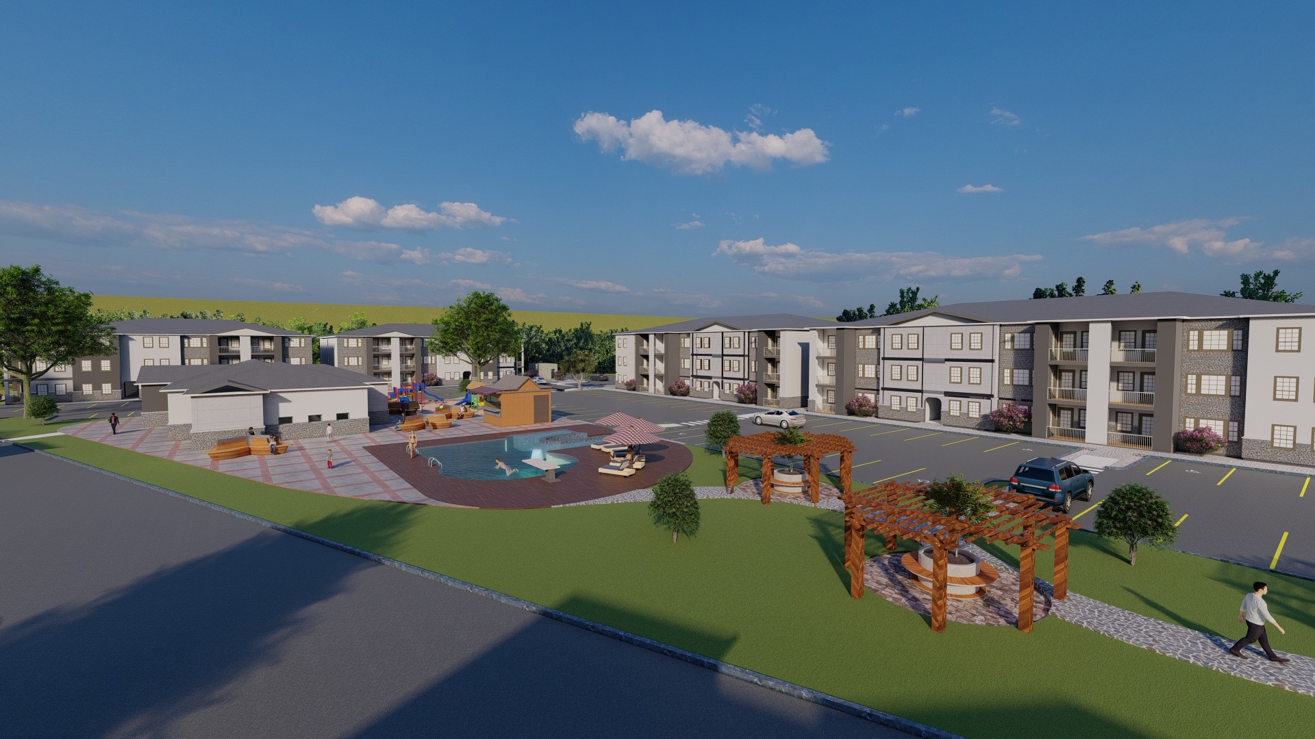Central amenity area and apartment buildings