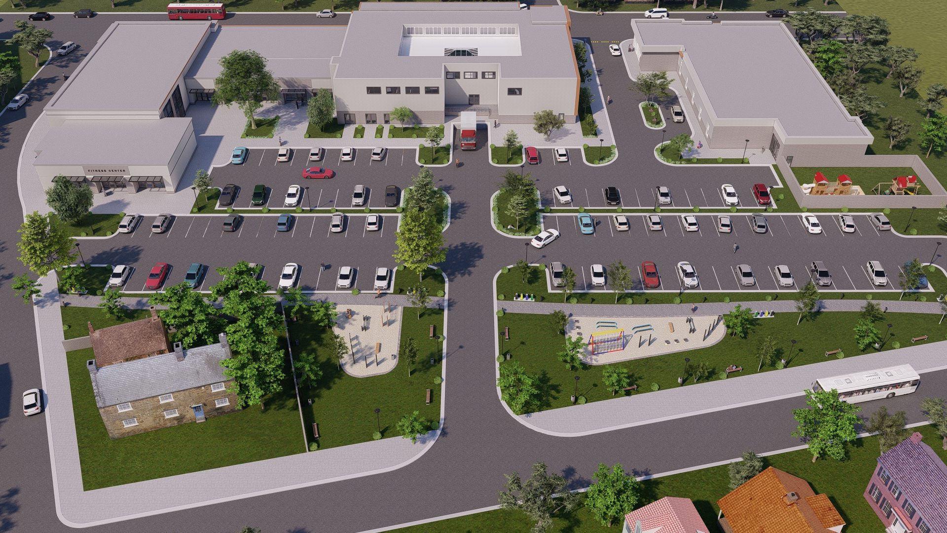 Aerial masterplan of Superior Commons showing the convention center, daycare, grocery, retail, parking and green space