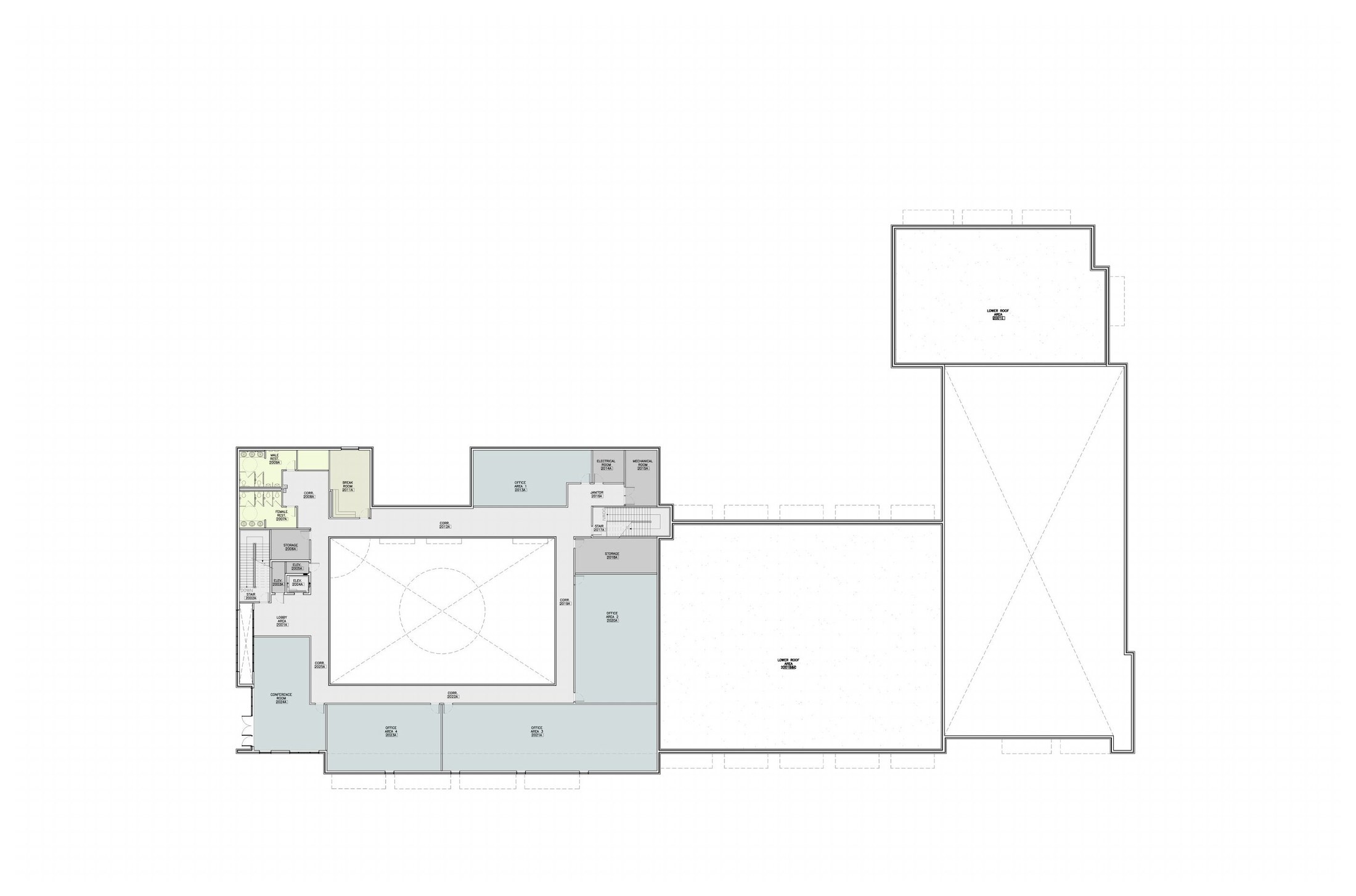 Second floor plan: convention center offices and support around the central courtyard