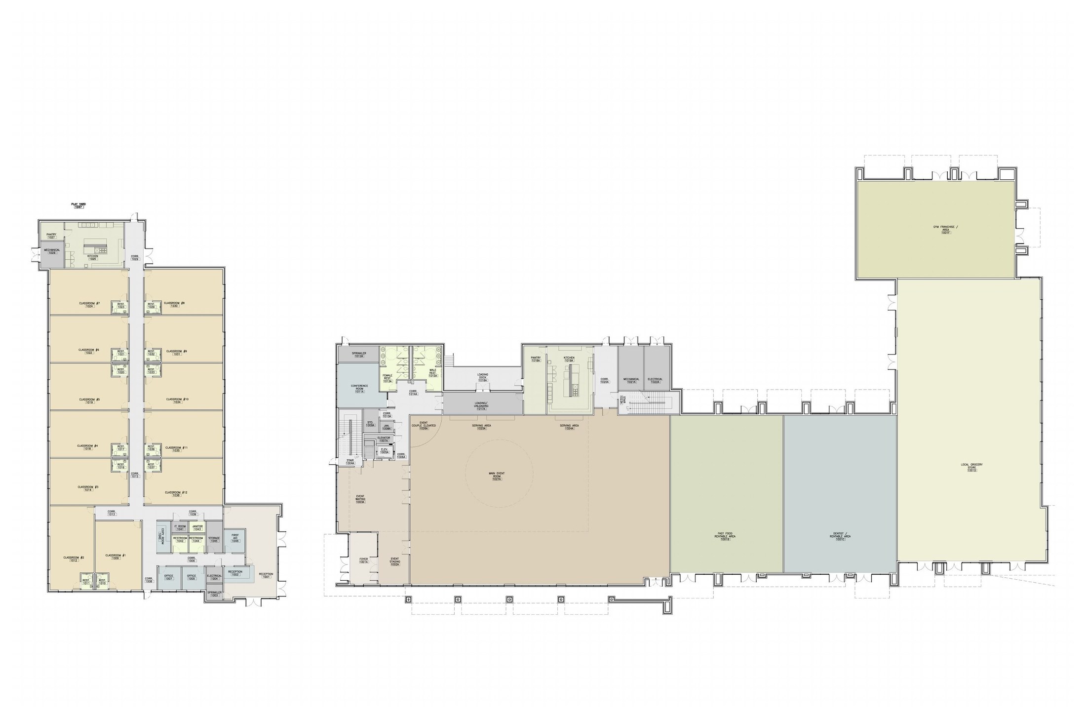 First floor plan: daycare classrooms, convention hall, retail and grocery