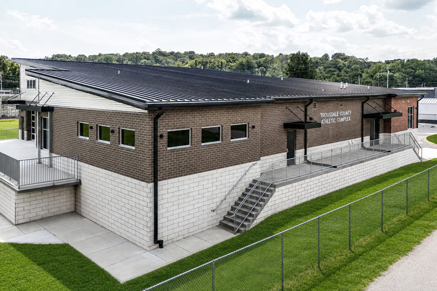 Aerial view of the athletic complex and parking