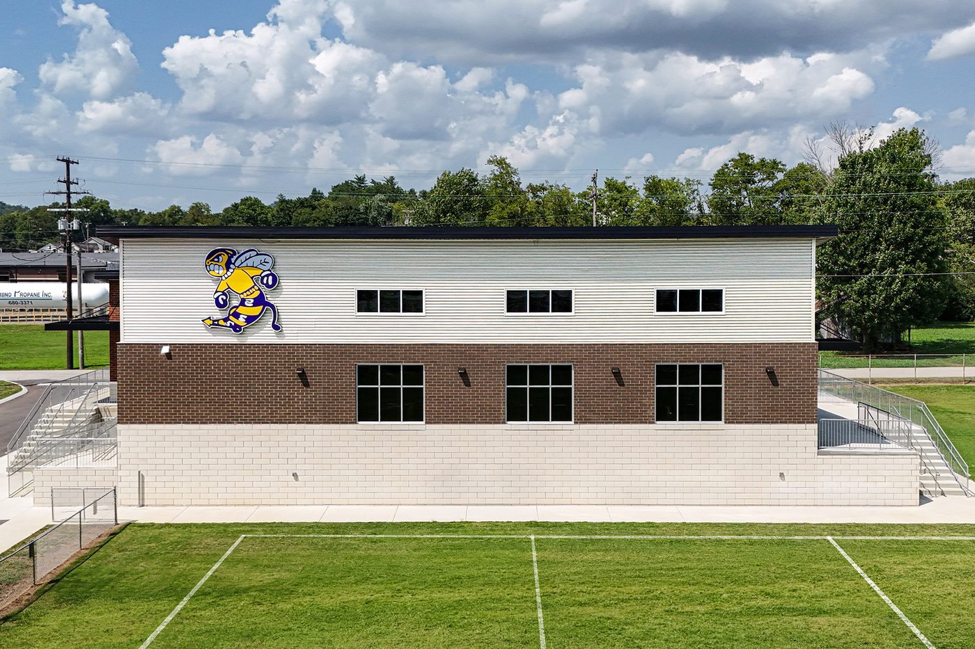 Field-side elevation with illuminated Yellow Jackets mascot