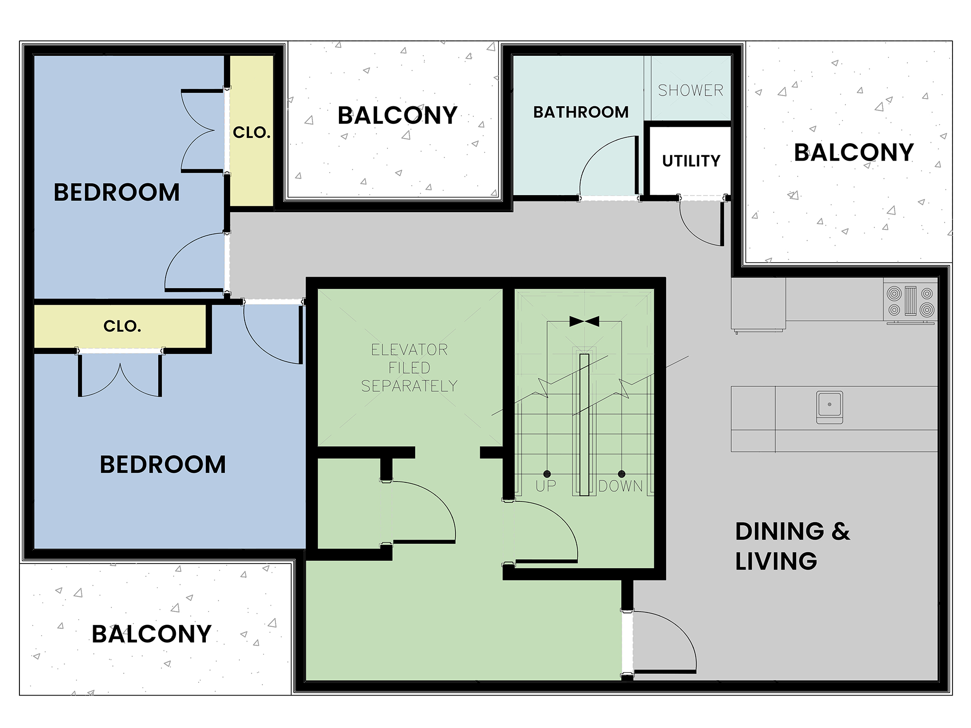 Upper floor apartment plan with balconies