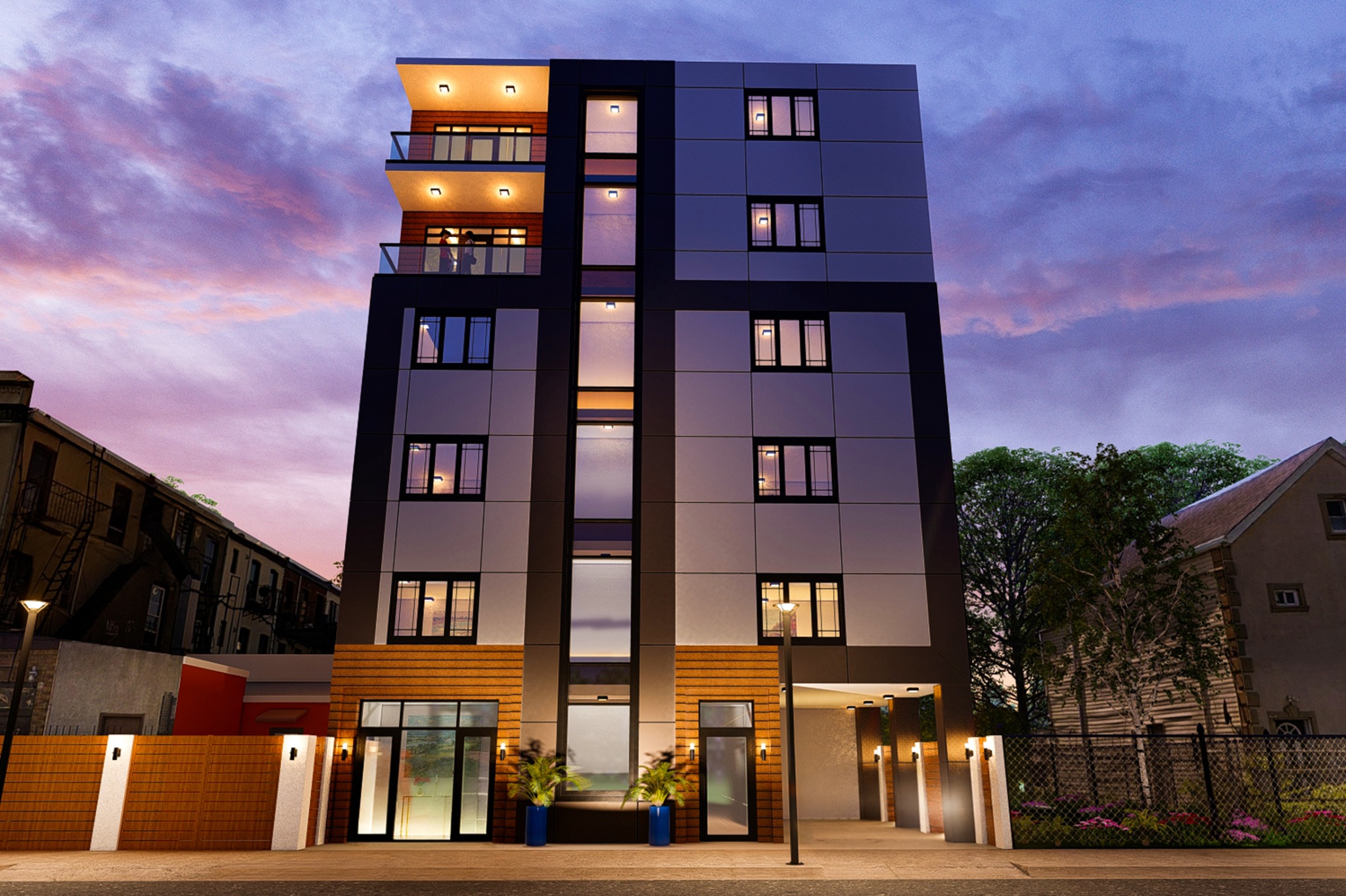 Front elevation dusk rendering