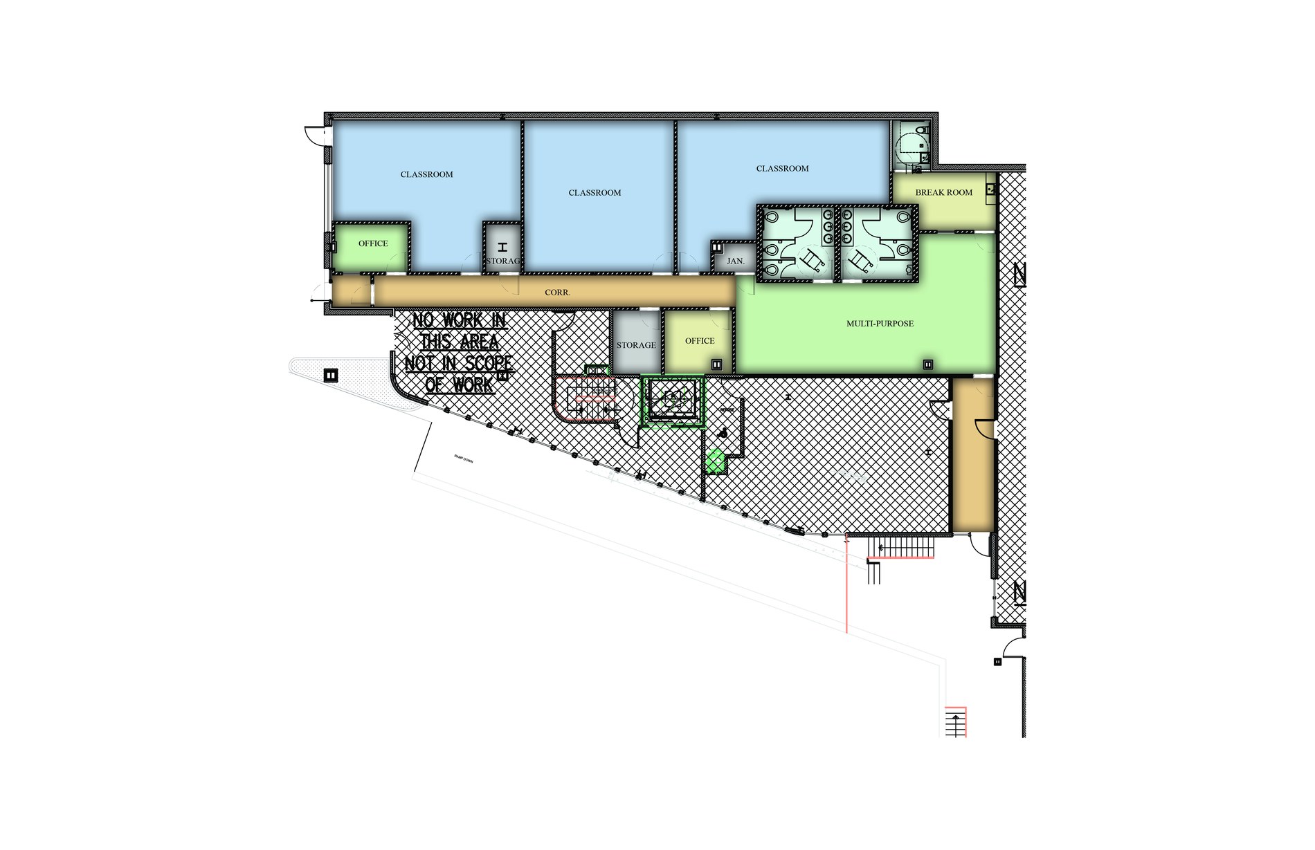 Daycare floor plan showing three classrooms, multi-purpose room, offices, break room, storage and children's restrooms along a central corridor